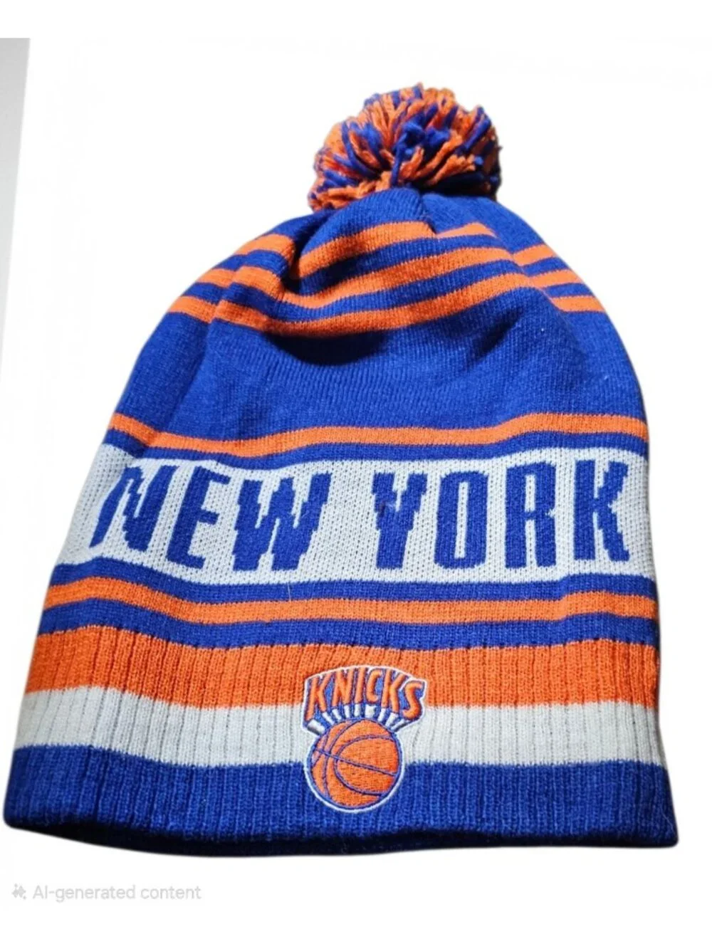 New York Knicks Knit Beanie Hat Cap Long Style Blue,White,Orange W/Pom NBA New